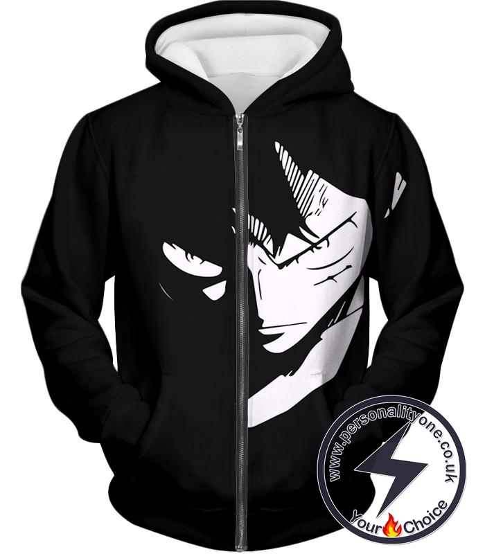 One Piece Powerful Pirate Captain Straw Hat Luffy Serious Action Black Zip Up Hoodie